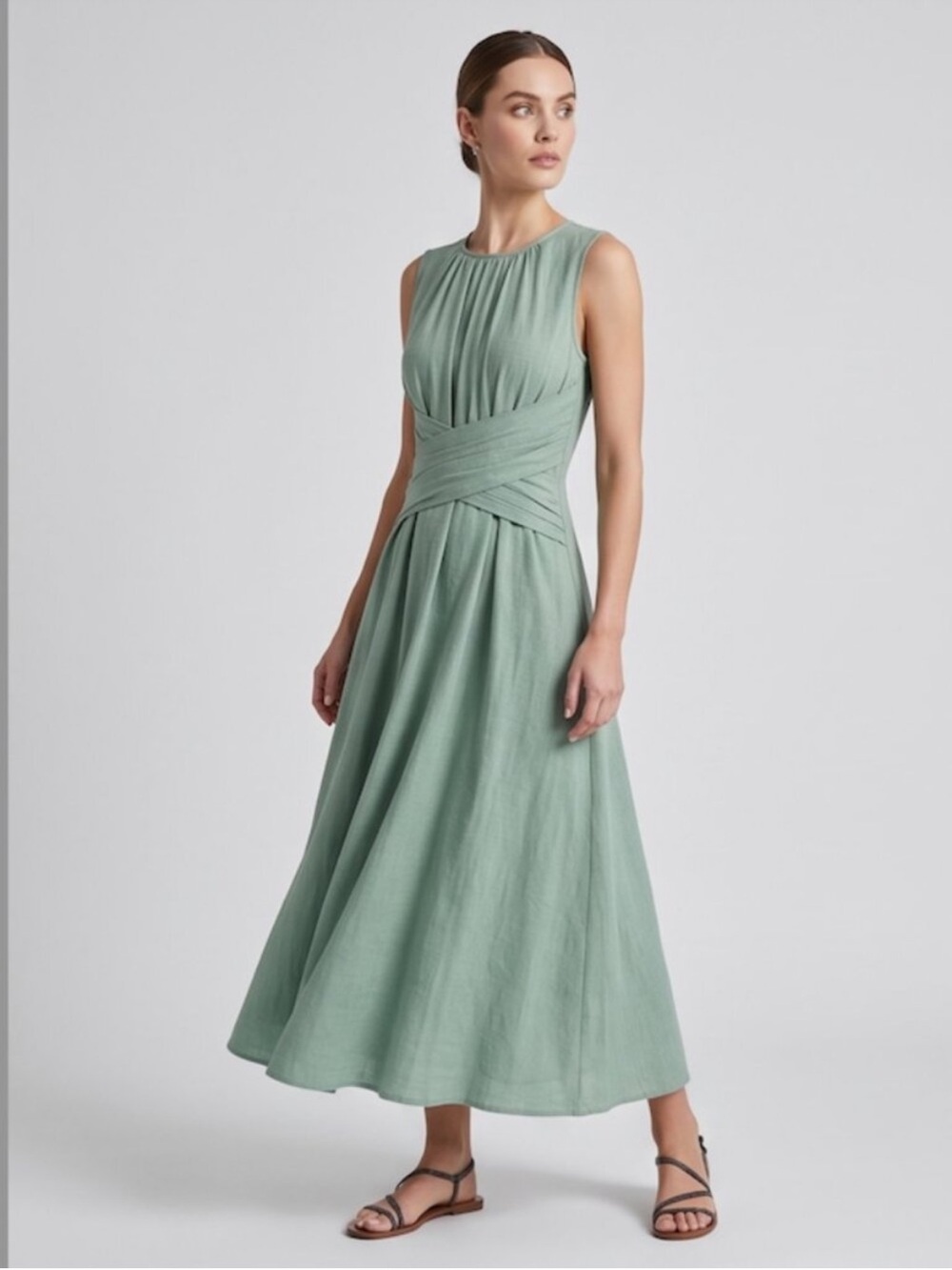 NWT Boho Sage Green Sleeveless Crinkle Maxi Dress with Criss-Cross Waist - Picture 2 of 7